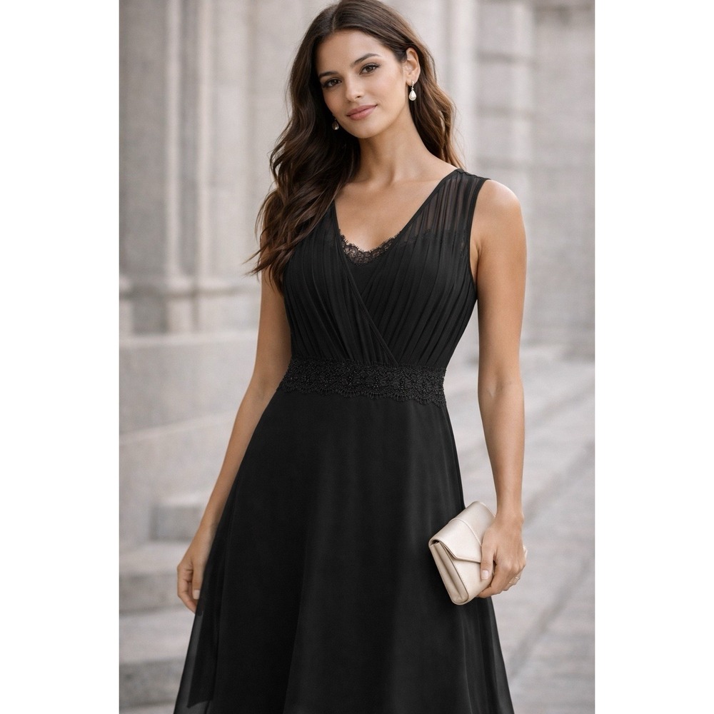 Ann Taylor Silk‎ Black Cocktail Dress Lace & Bead Waist Band Sheer Overlay 2 Y2K